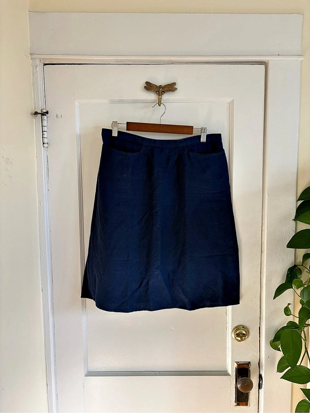 EILEEN FISHER Linen Blend A-Line Skirt Pockets Navy Blue Lagenlook Size Large